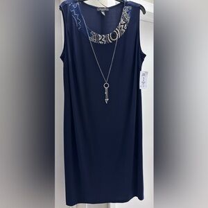 R&M Richards navy sleeveless shift dress floral mesh jacket necklace - NWT 18 W